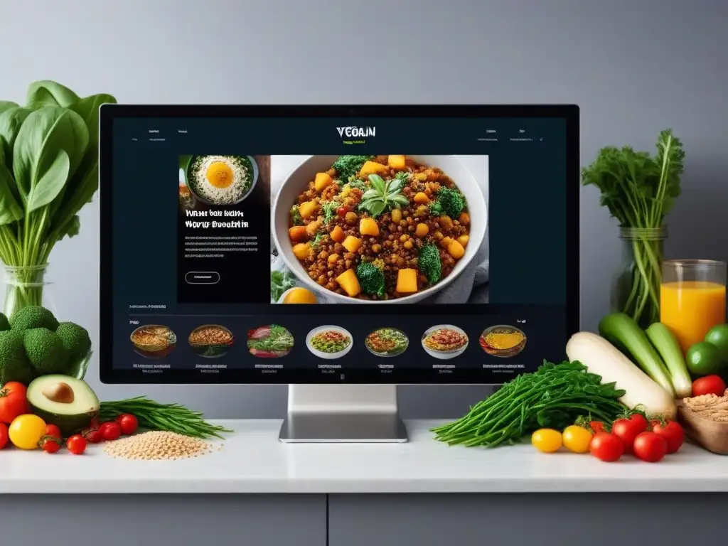 Una comunidad diversa disfruta de una receta vegana en una pantalla digital en un entorno de cocina moderna