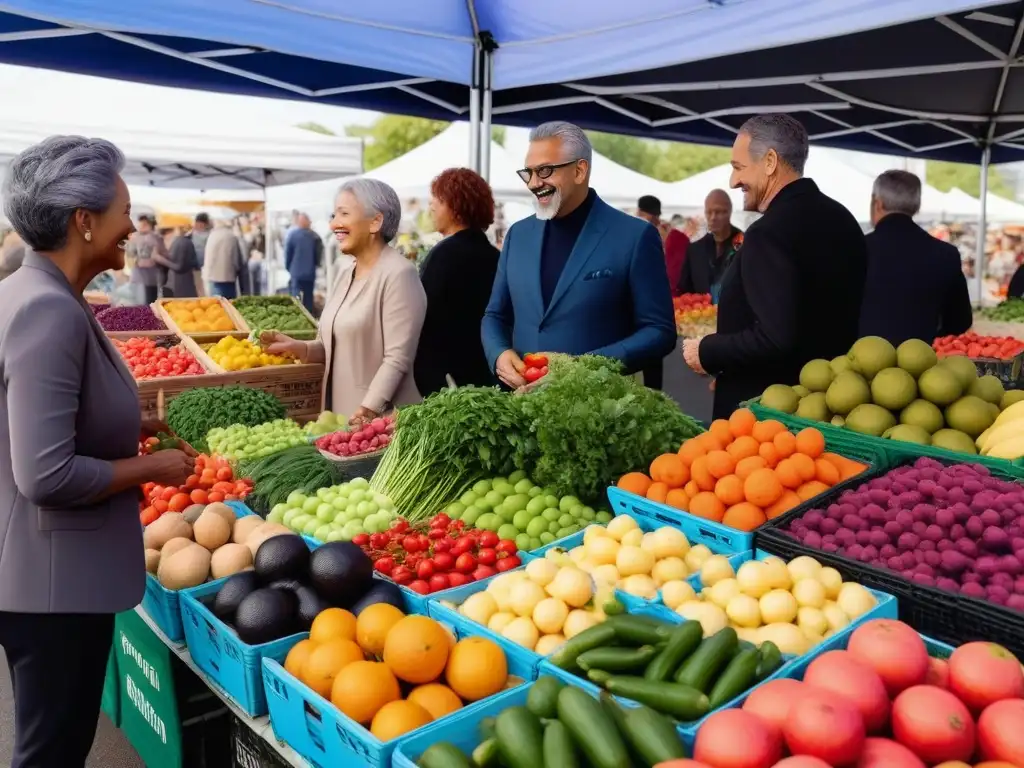 Comunidad diversa disfruta frutas y verduras frescas en mercado