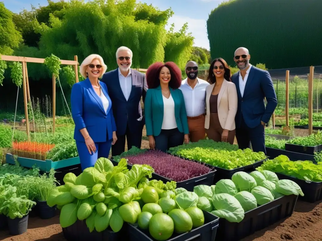 Comunidad diversa cuidando juntos un jardín próspero con verduras y frutas coloridas, promoviendo veganismo y seguridad alimentaria mundial