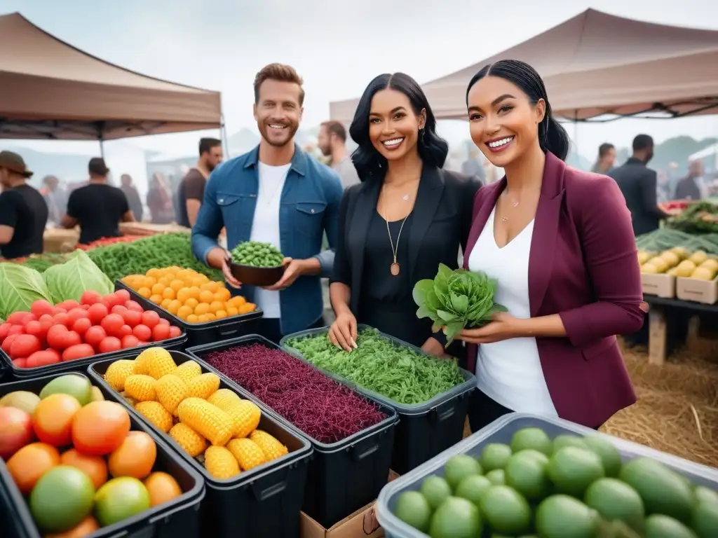 Una comunidad diversa sonríe en un mercado zero waste vegano, mostrando historias de éxito veganismo zero waste