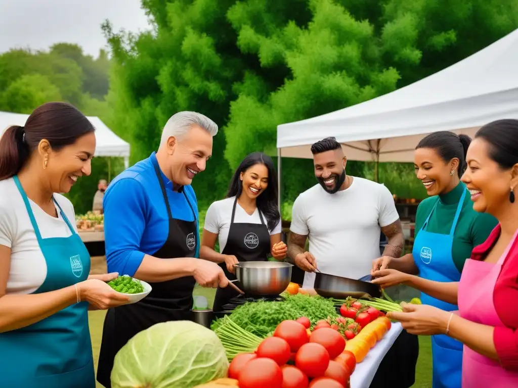 Comunidad online para transición veganismo: Grupo diverso disfruta taller cocina vegana al aire libre entre risas y coloridos ingredientes frescos