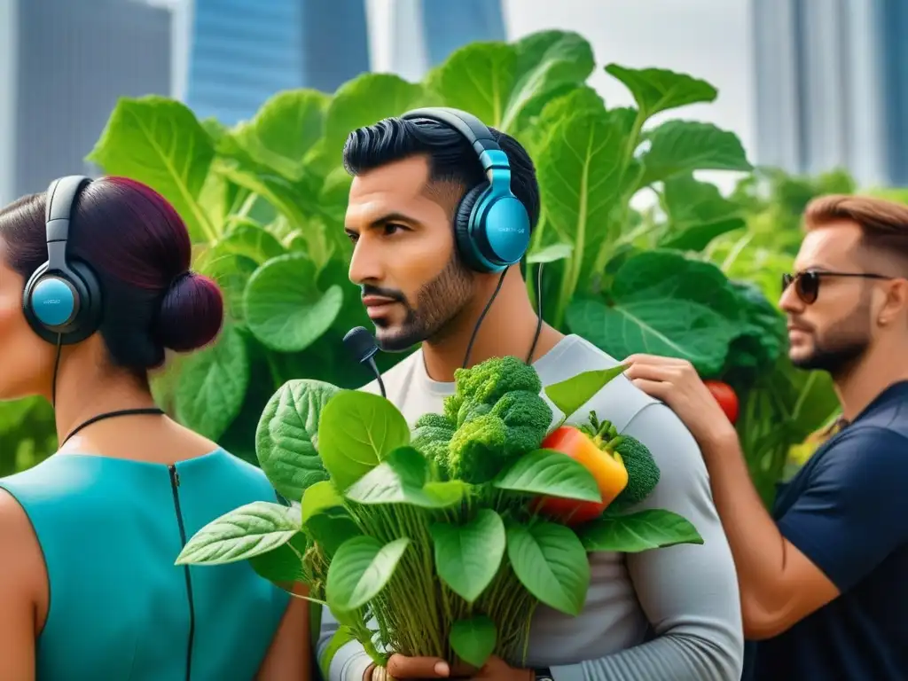 Comunidad vegana escucha podcasts, frutas y verduras crecen en micrófono