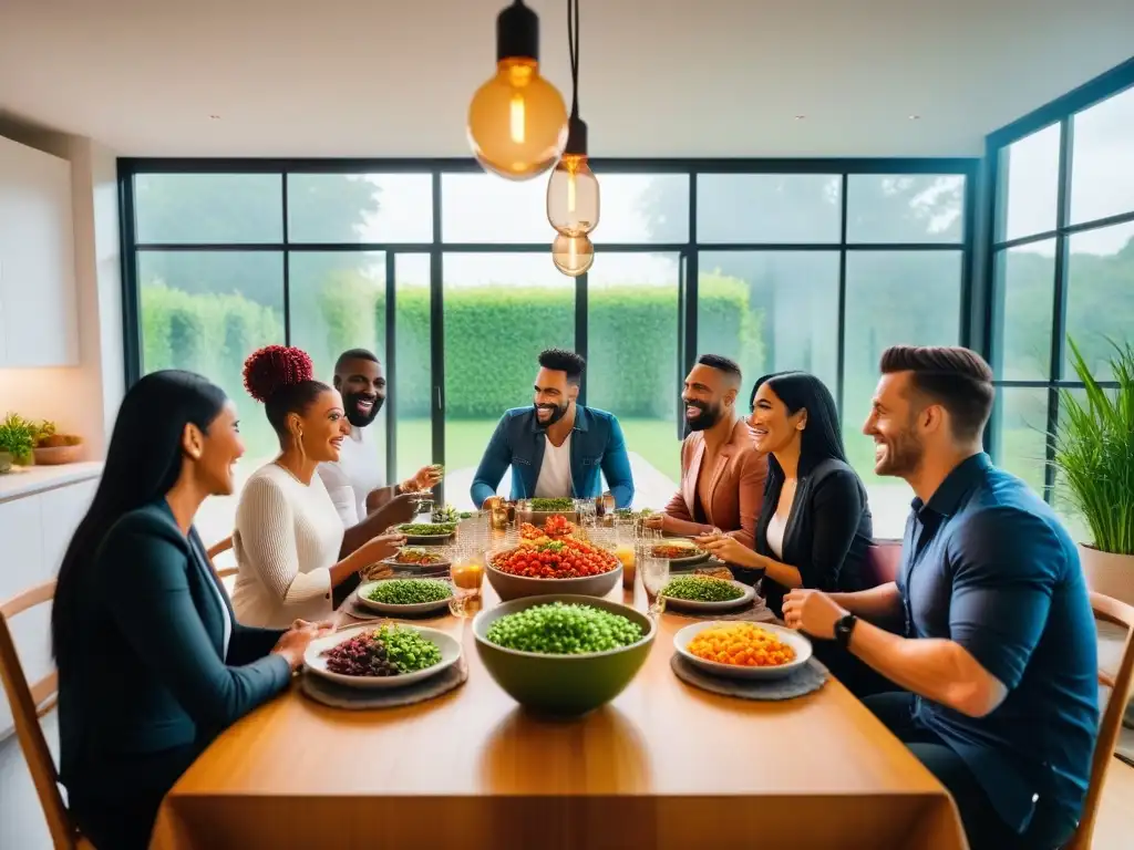 Una comunidad vegana en redes sociales disfruta de una comida colorida y divertida en una cocina luminosa