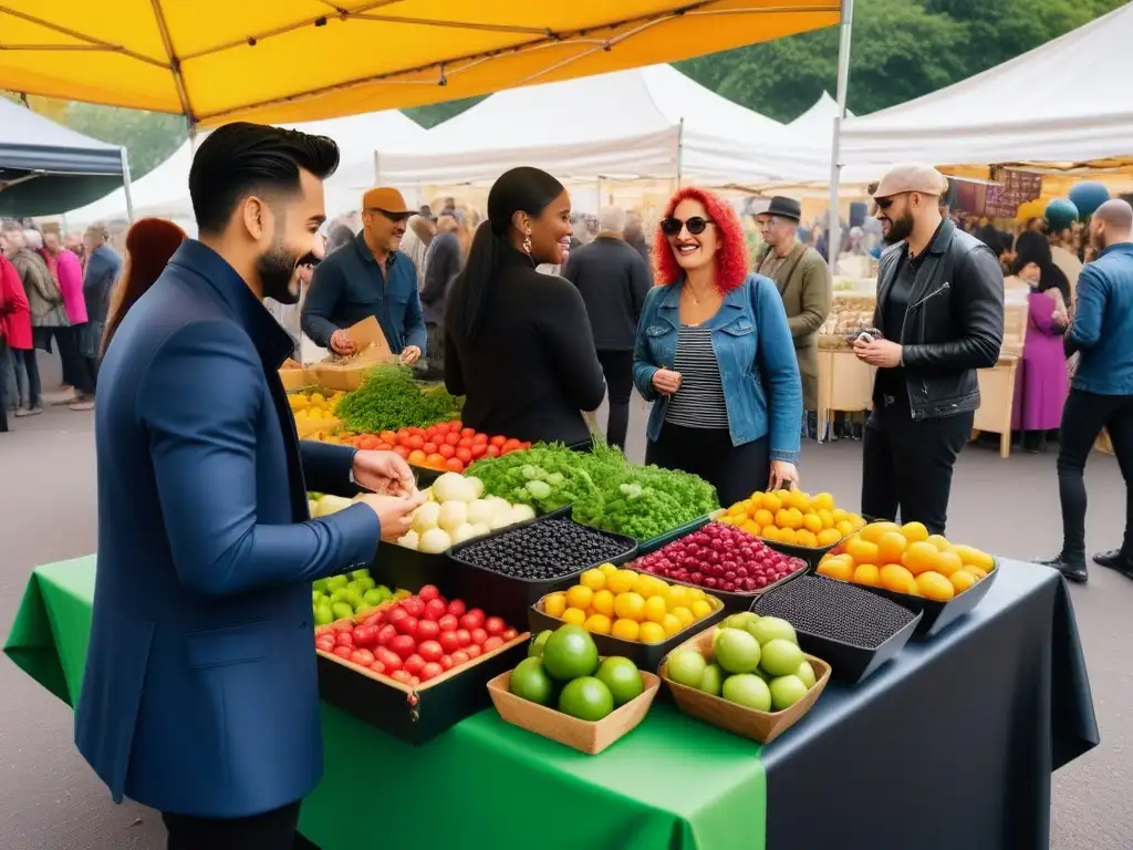 Comunidad vegana reunida en un mercado, compartiendo recetas y consejos con pasión y diversidad