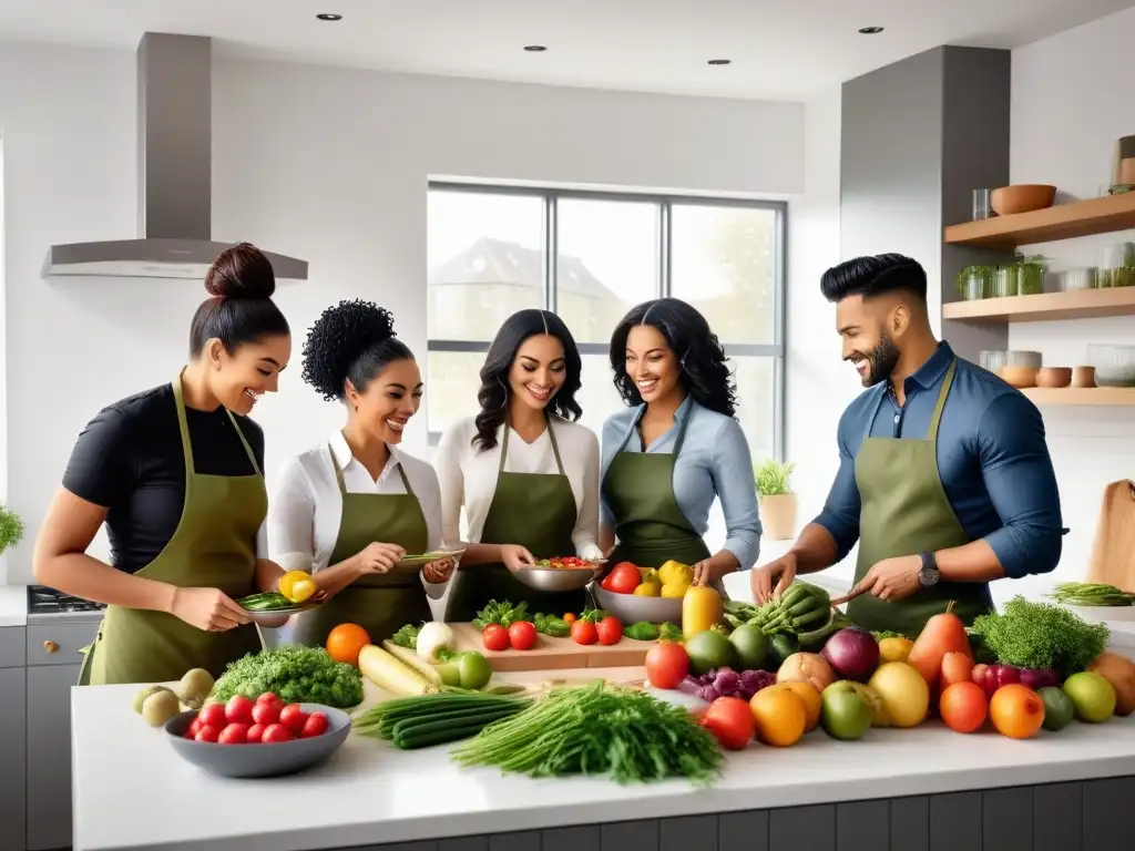 Una comunidad vegana unida disfrutando de una comida saludable en una cocina moderna y acogedora