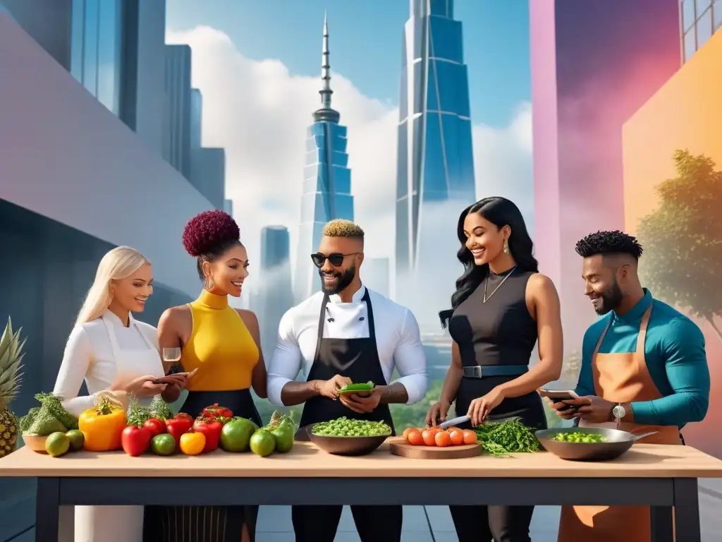 Una comunidad virtual vibrante cocinando platos veganos juntos en un futuro unido
