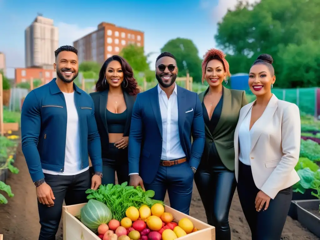 Un jardín comunitario diverso y vibrante, con personas de todas las edades y etnias sonrientes, rodeado de frutas y verduras coloridas