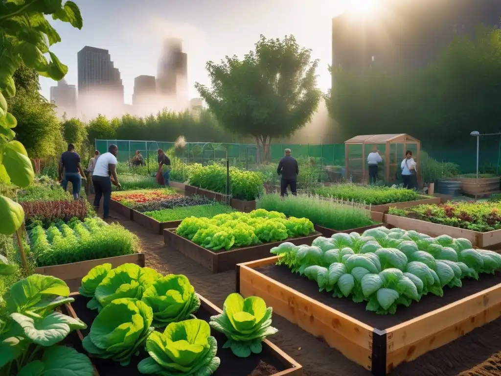 Un jardín comunitario urbano lleno de vida y color, donde personas de todas las edades y orígenes trabajan en armonía