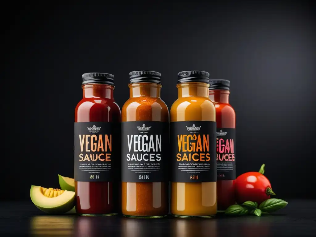 Condimentos y salsas veganas innovadoras en envases modernos y vibrantes, listos para deleitar tus sentidos