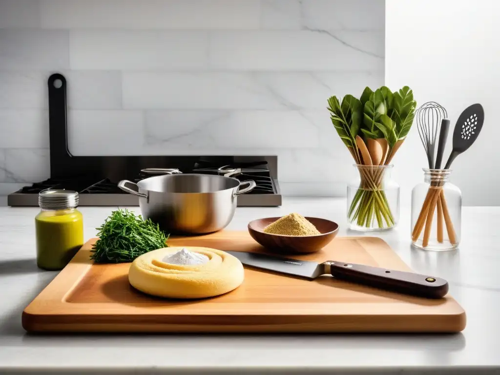 Conjunto elegante de utensilios de cocina para preparar focaccias veganas sin gluten deliciosas en encimera de mármol