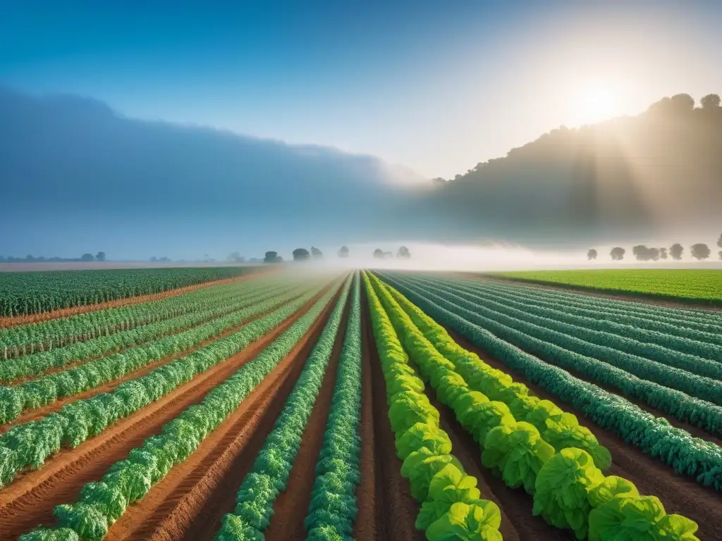 Contraste impactante: eficiencia agricultura vegana maximiza uso tierra, lado vibrante vs