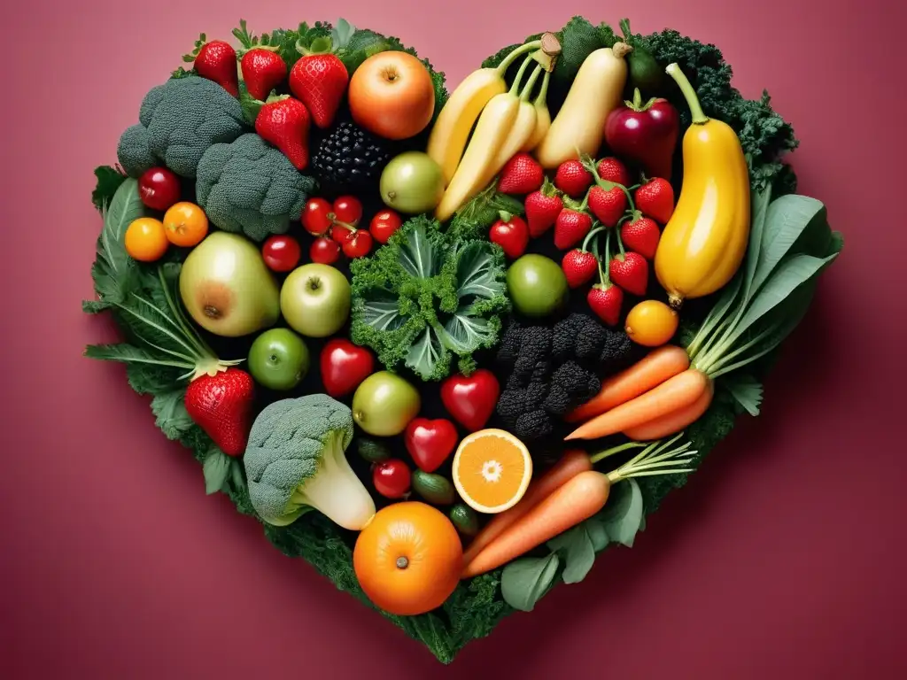 Un corazón vibrante de frutas y verduras, simbolizando los beneficios cardiovasculares del veganismo