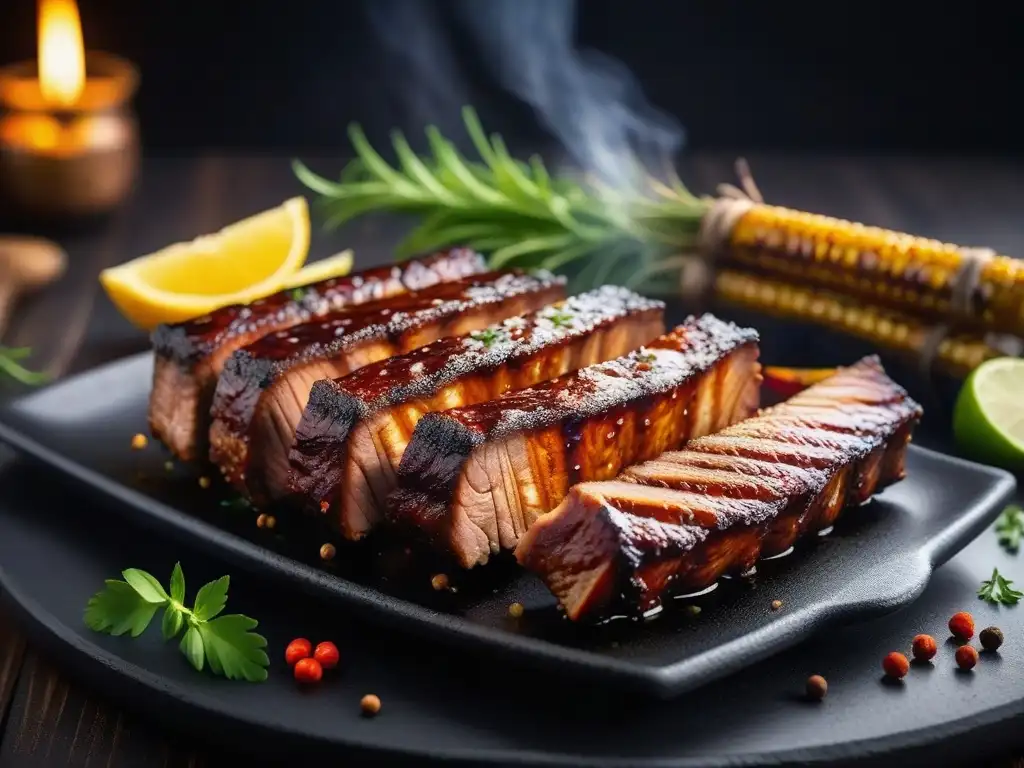 Costillas veganas a la barbacoa con un irresistible aspecto ahumado y jugoso, rodeadas de hierbas frescas y especias