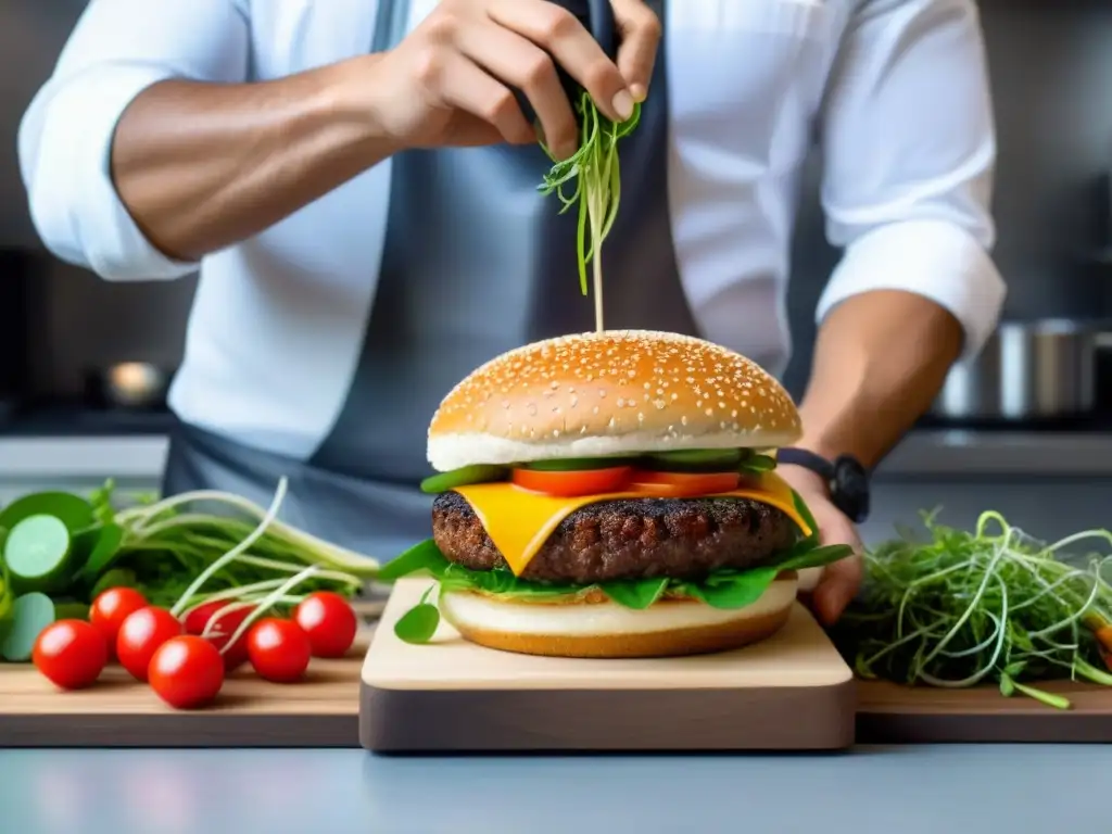 Burger vegana 3D: innovación culinaria Creación de hamburguesa vegana personalizada en cocina 3D de alta tecnología