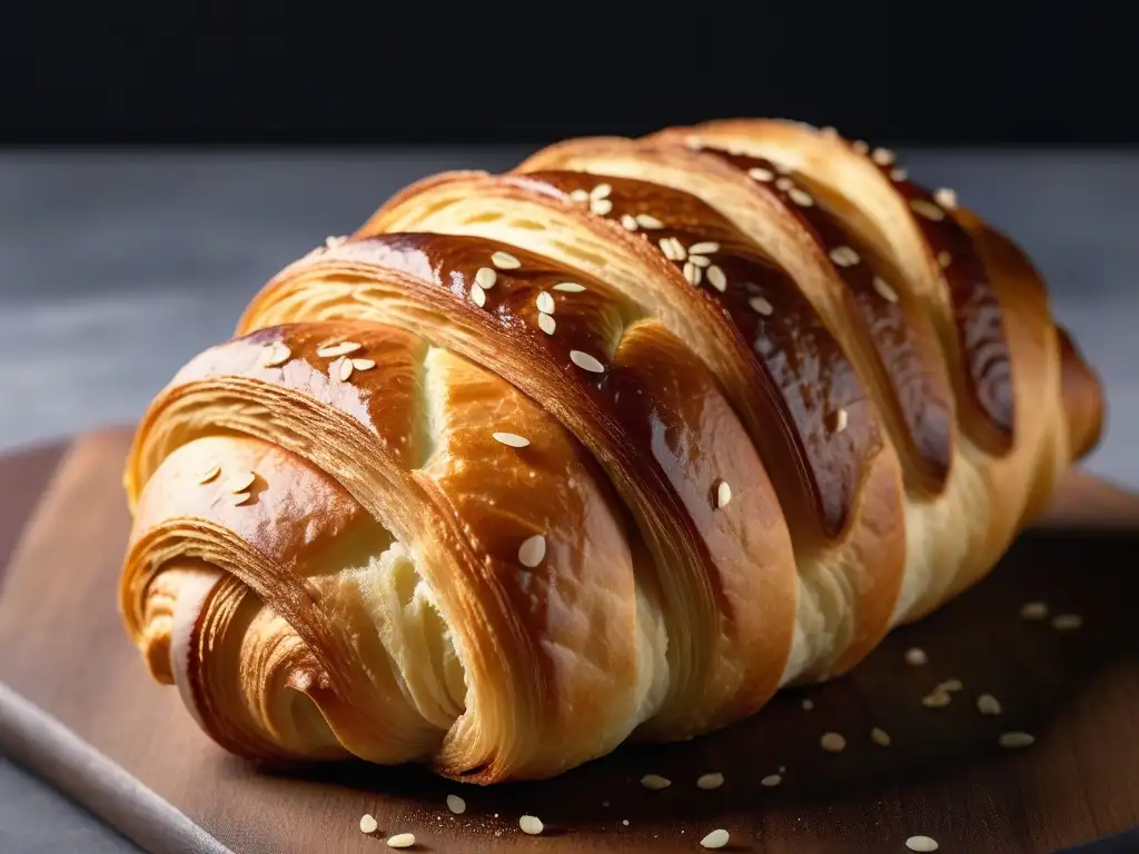 Un croissant vegano recién horneado, con capas doradas y semillas de sésamo