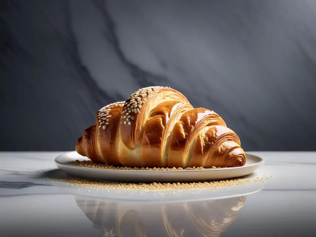 Croissant vegano recién horneado con glaseado brillante y semillas de sésamo, en elegante encimera de mármol