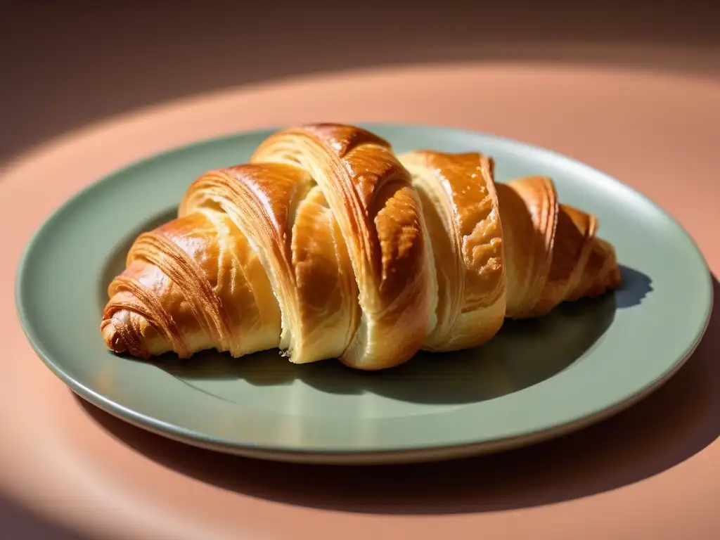 Un croissant vegano recién horneado con perfectas capas doradas y técnicas de laminación, en un plato minimalista