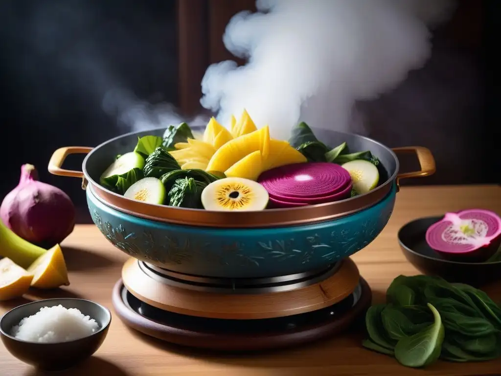 Un cuadro vibrante de un vaporoso vaporera de bambú repleta de exóticas verduras como pitahaya, batatas moradas y bebés de bok choy, con un trasfondo de una cocina asiática tradicional con tallados de madera y utensilios de cobre