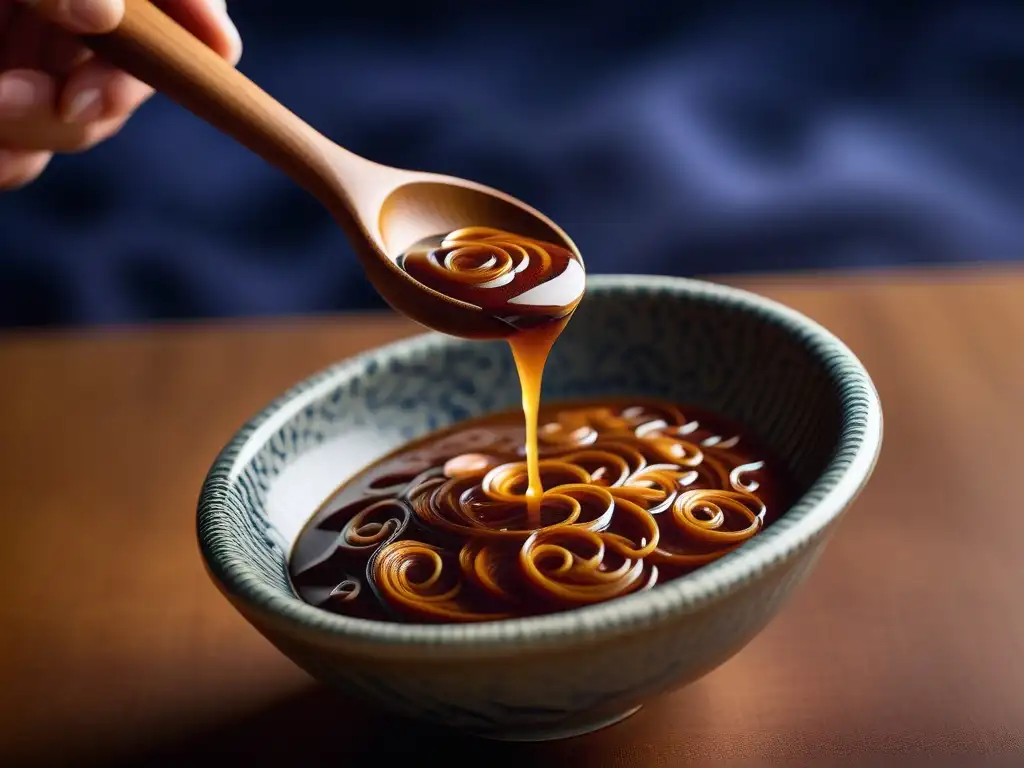 Una cuchara de madera recoge con delicadeza una rica porción de pasta de miso de un tarro de cerámica, resaltando la fermentación japonesa