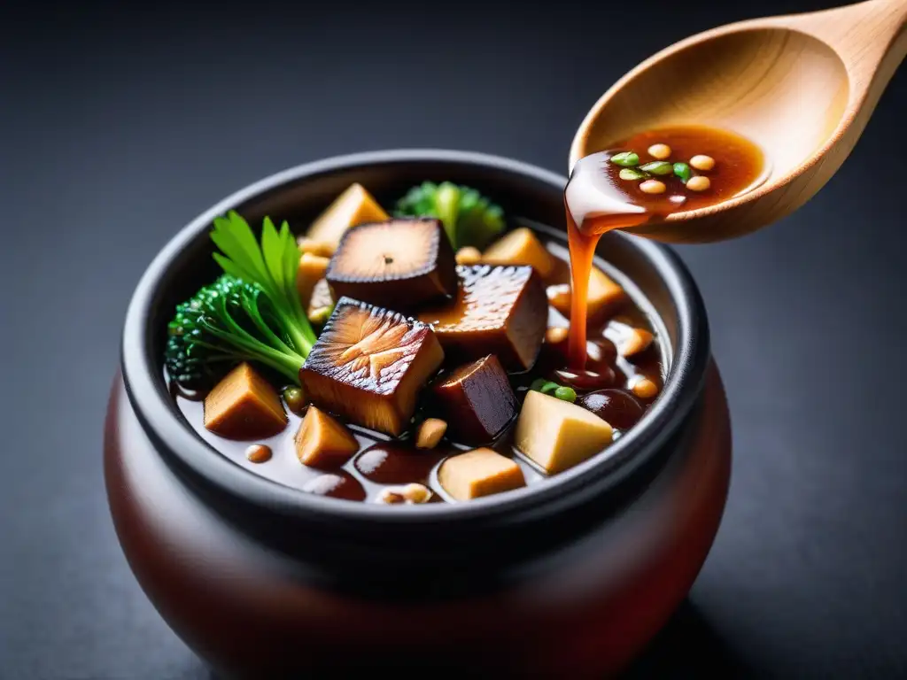 Una cuchara de madera levanta una porción de rica y oscura pasta de miso de un tarro de cerámica