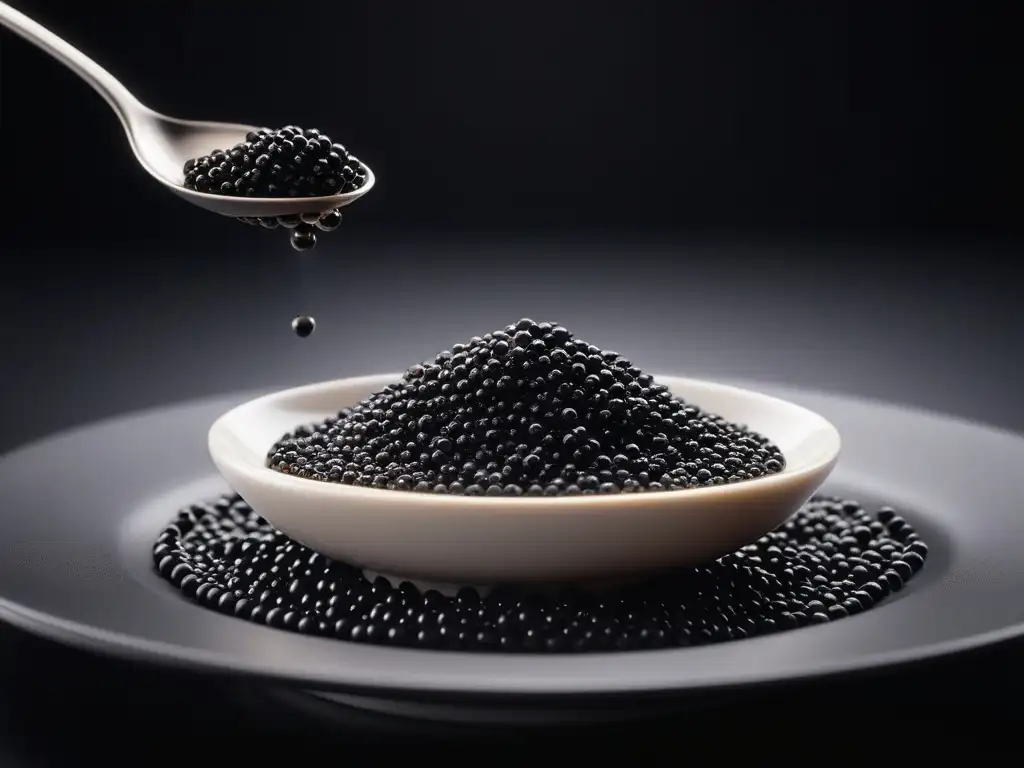 Una cuchara de plata lujosa sirviendo caviar vegano negro brillante en un entorno sofisticado