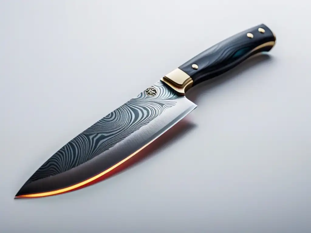 Un cuchillo de chef vegano elegante y moderno con hoja de acero de Damasco, reflejando colores bajo luz suave