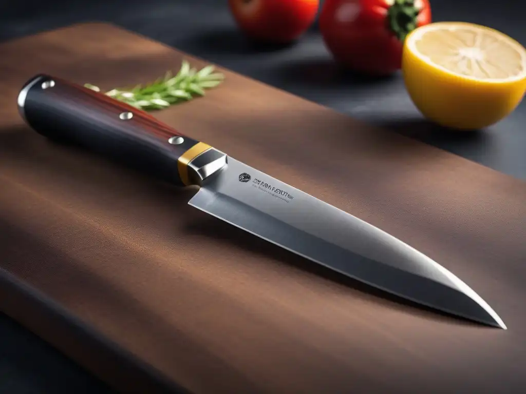 Un cuchillo de chef vegano moderno y elegante con mango de material sostenible, con un fondo de cocina profesional