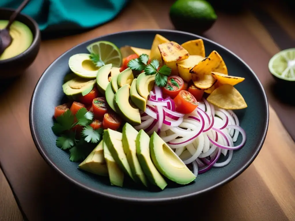 Un cuenco de ceviche vegano en Perú, con ingredientes frescos y coloridos, servido en una vajilla tradicional peruana