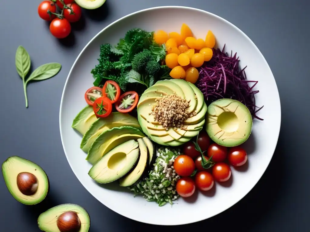 Un cuenco de ensalada vegana cruda saludable, con ingredientes frescos y coloridos en un plato blanco minimalista