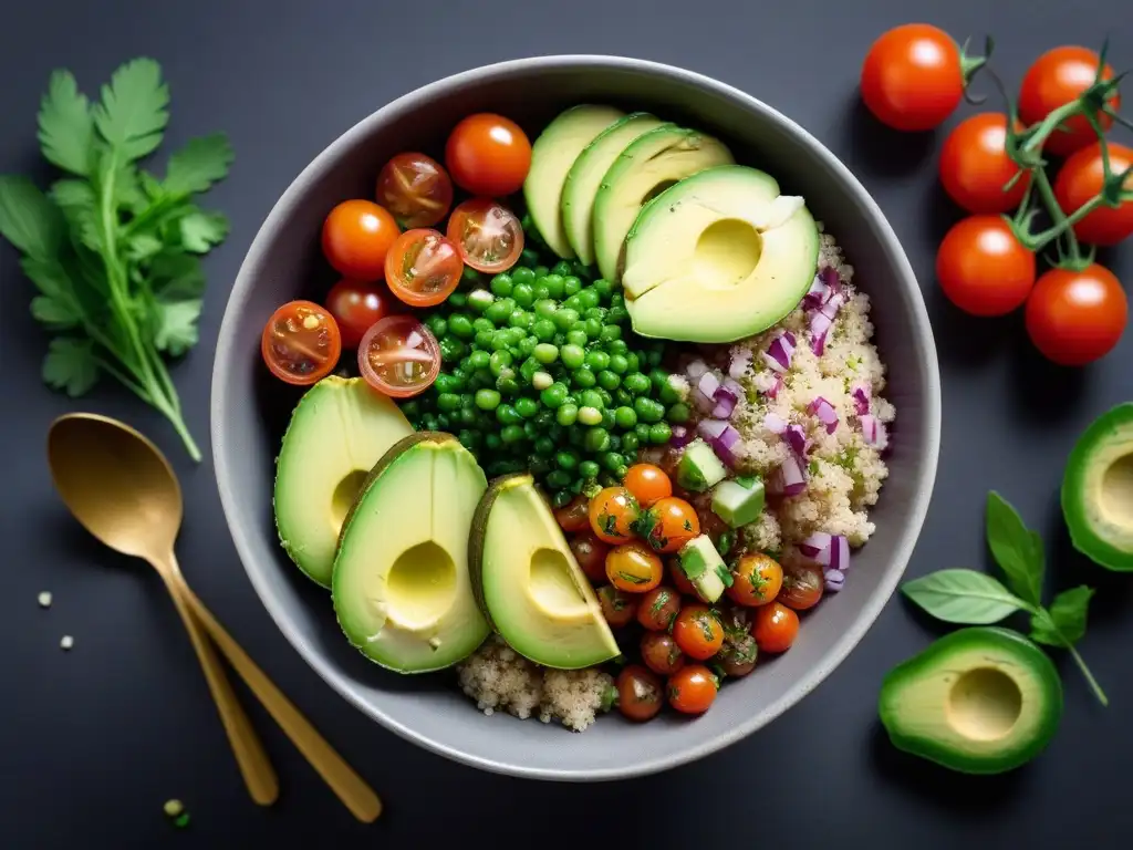 Un cuenco de ensalada vegana de quinoa vibrante y detallada