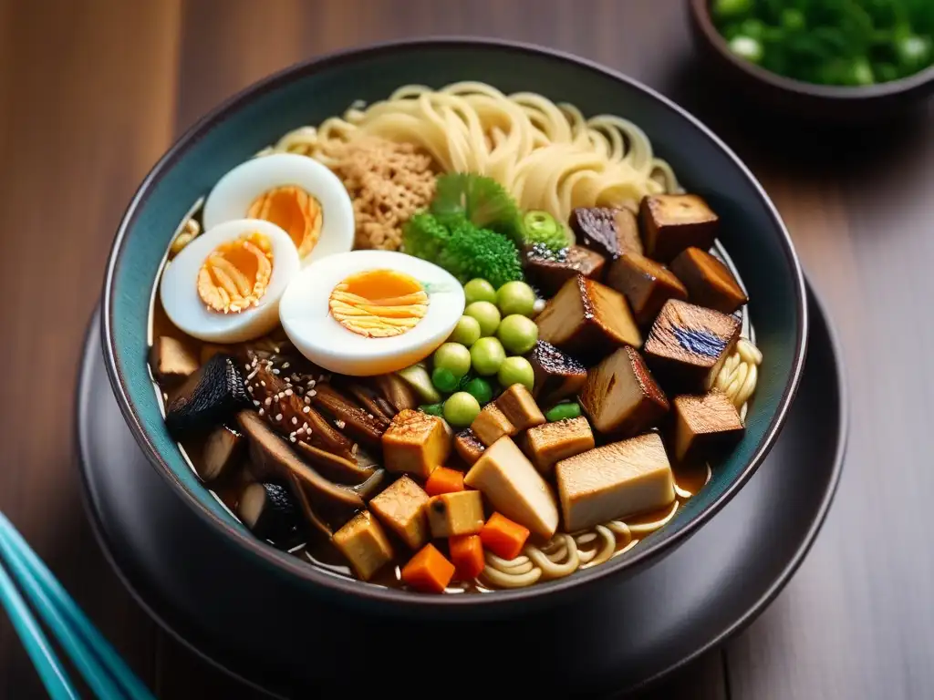 Un cuenco de ramen vegano gourmet con tofu, setas y huevo, sobre noodles en caldo sabroso