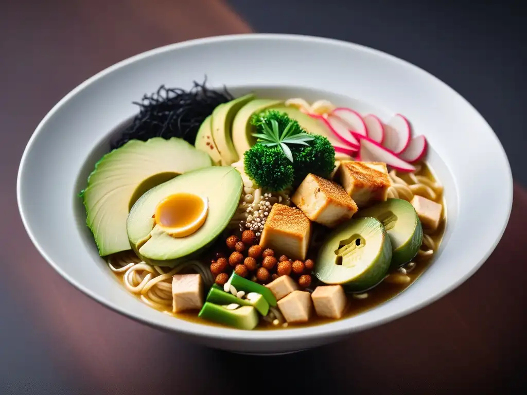 Un cuenco sofisticado de ramen vegano gourmet con ingredientes coloridos y vapor aromático