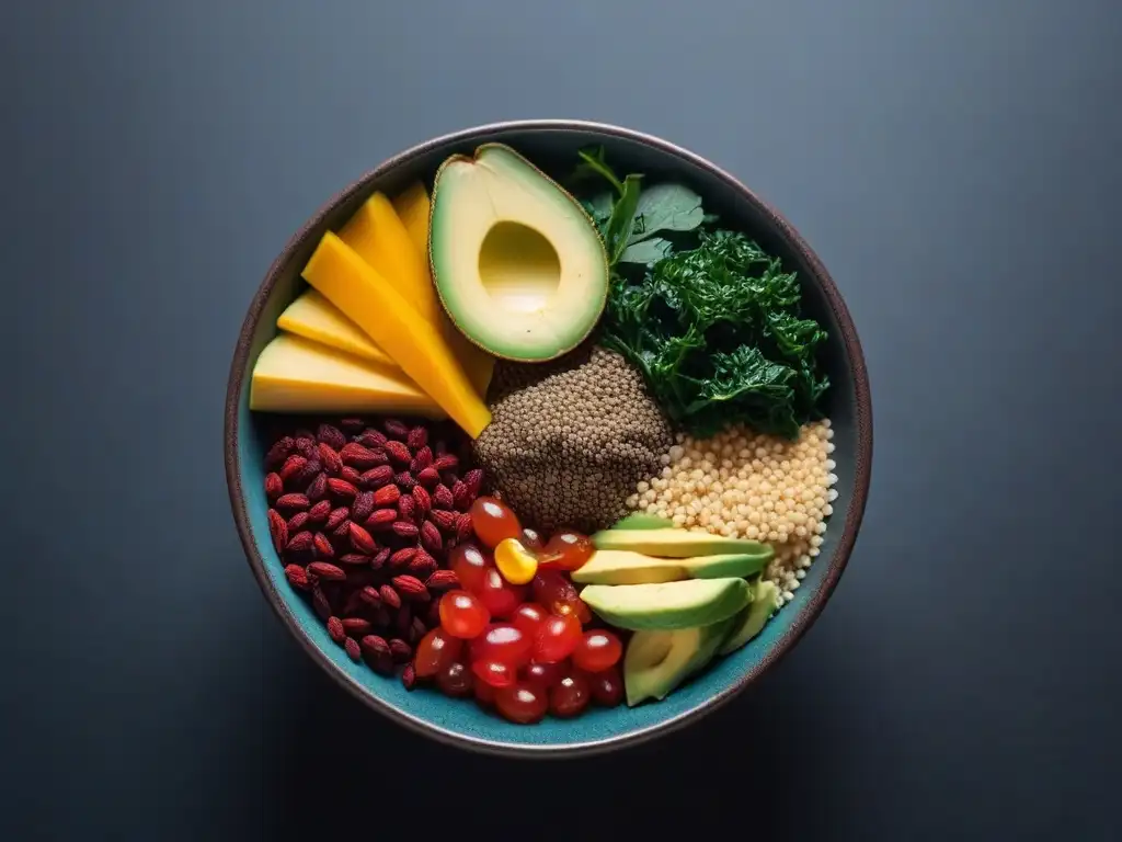 Un cuenco de superfoods veganos nutrición innovadora, colorido y artístico en una superficie reflectante