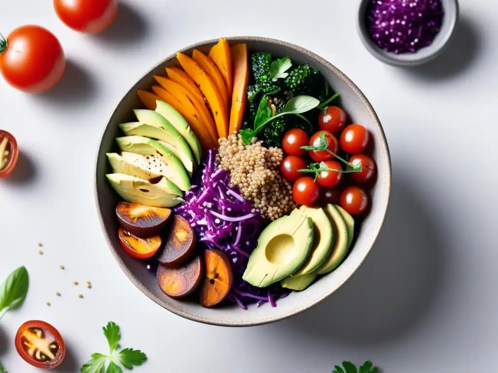 Un cuenco vegano colorido y saludable con vegetales frescos y quinoa, bañado en aderezo de tahini y semillas de sésamo