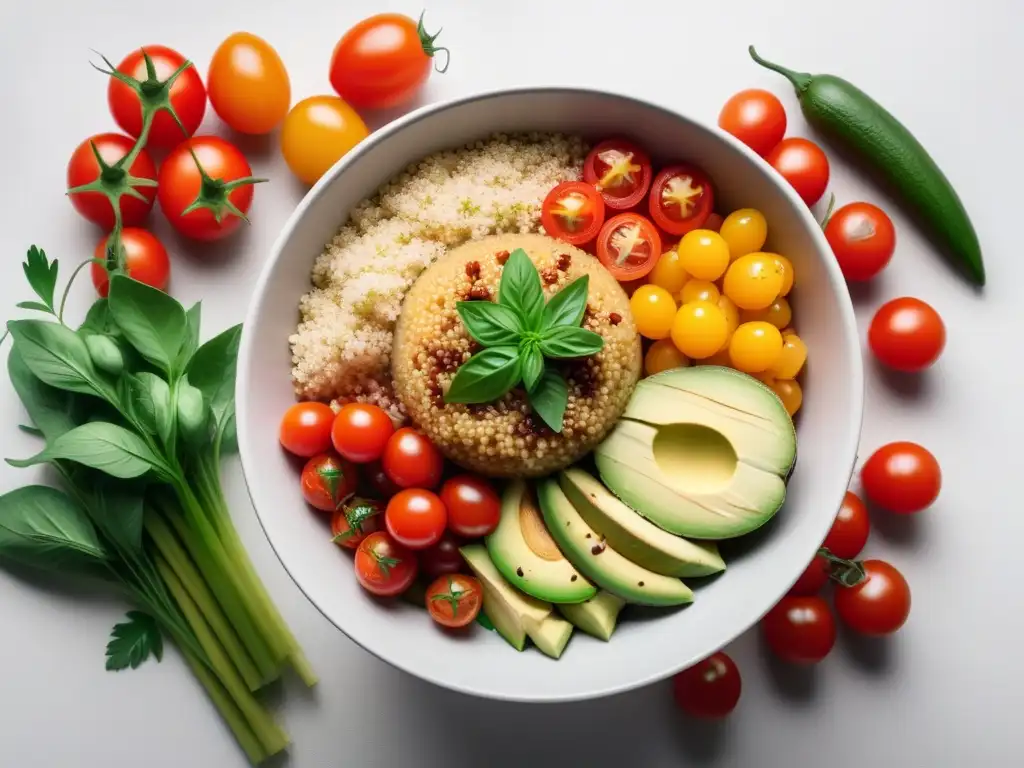 Un cuenco vegano lleno de quinoa y vegetales coloridos