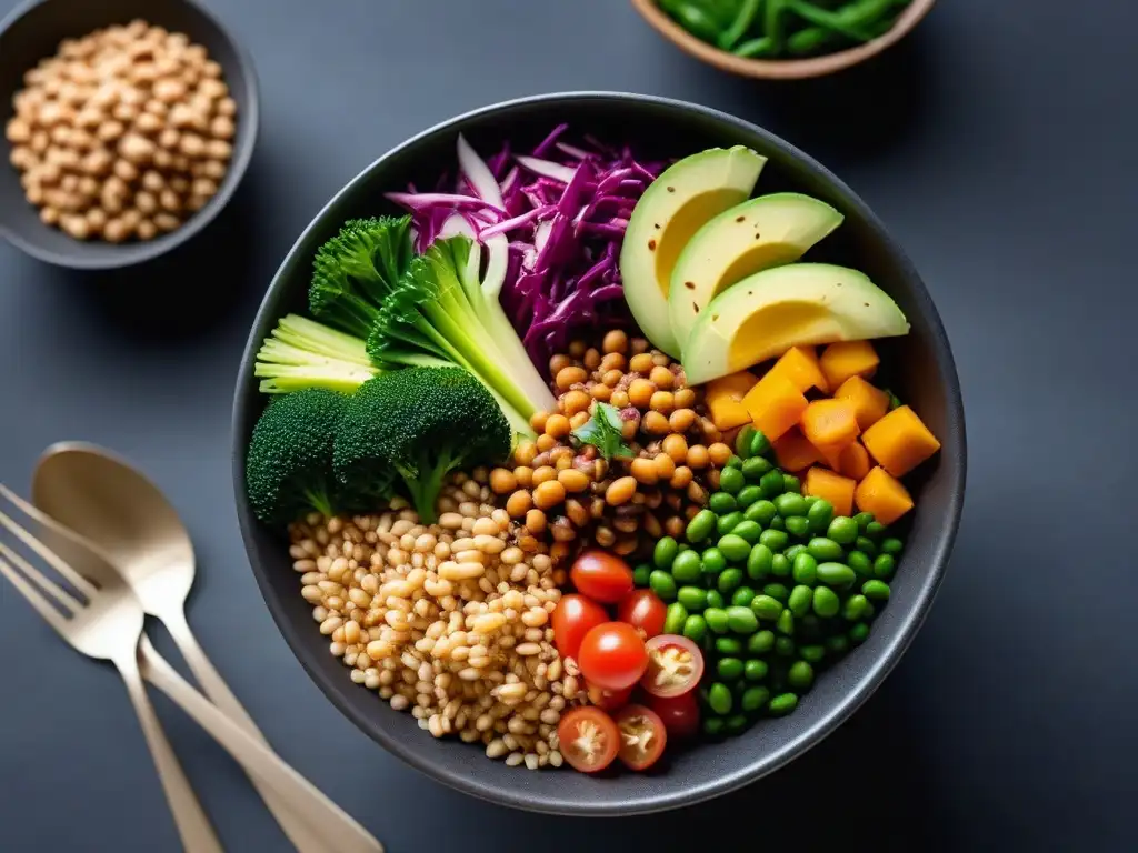 Un cuenco vegano vibrante con ingredientes frescos y coloridos, en una mesa minimalista