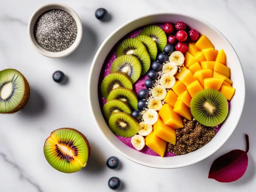 Un cuenco vibrante de açaí con frutas tropicales, chía y coco en mármol blanco