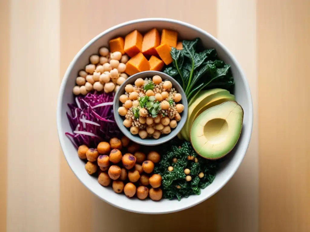 Un cuenco vibrante de alimentos veganos para fortalecer músculos: quinoa, garbanzos, aguacate, kale, batata y verduras coloridas