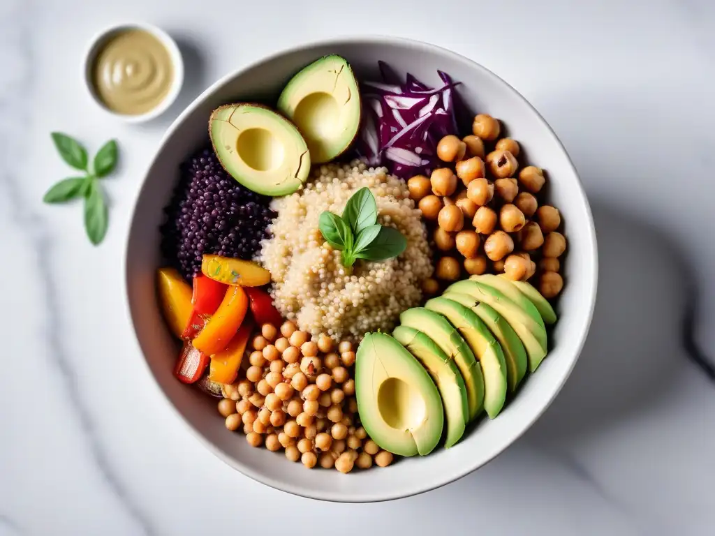 Un cuenco vibrante de Buddha bowl vegano con ingredientes coloridos y frescos sobre una encimera de mármol blanco