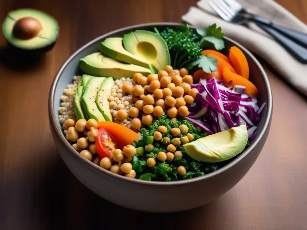 Un cuenco vibrante y colorido con vegetales frescos, quinoa, aguacate y aderezo de tahini en una mesa de madera moderna