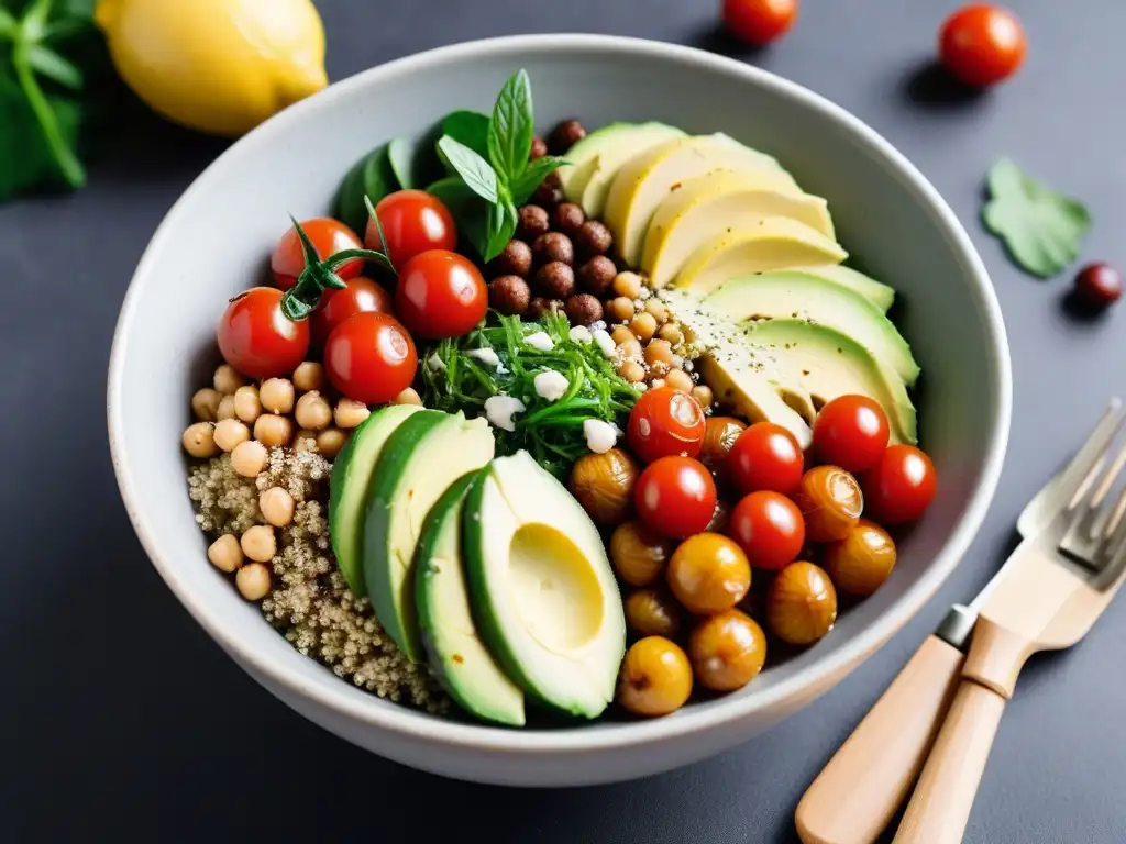 Un cuenco vibrante de ensalada de quinoa con ingredientes frescos y coloridos