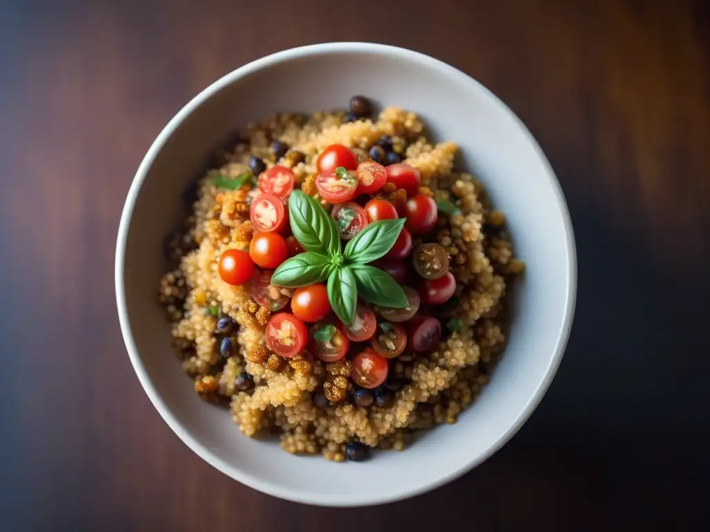 Un cuenco vibrante con quinoa, lentejas, cebolla frita, salsa de tomate y tahini cremoso