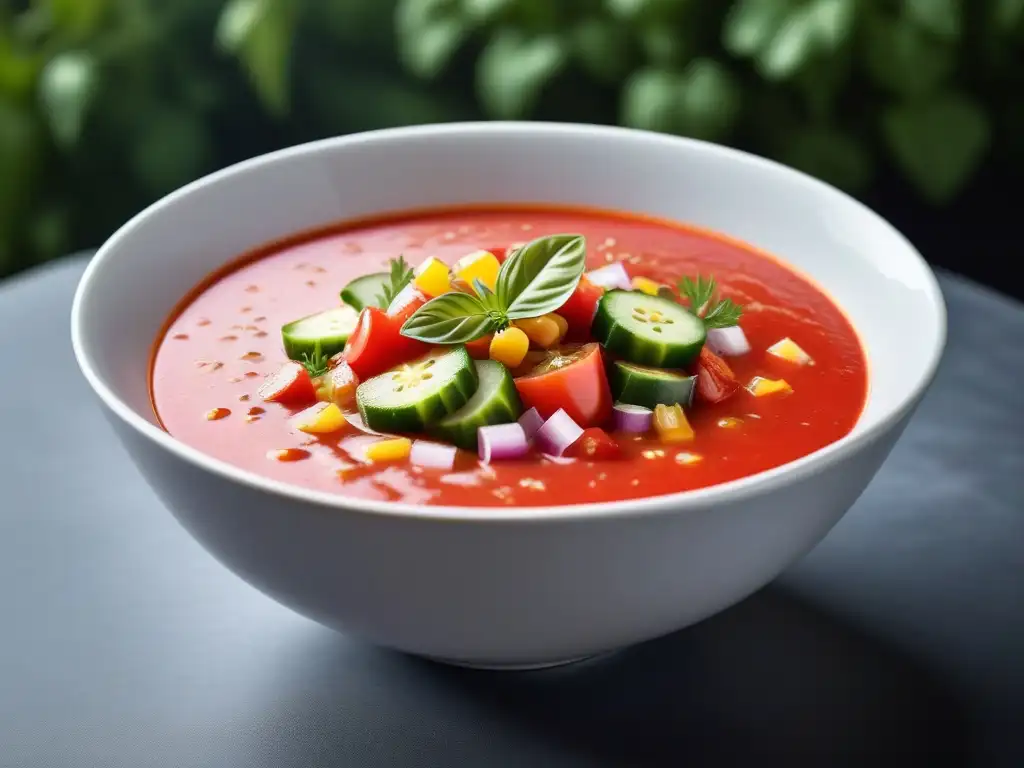 Un cuenco vibrante de gazpacho vegano fácil y refrescante, con verduras frescas y coloridas, en un escenario mediterráneo soleado