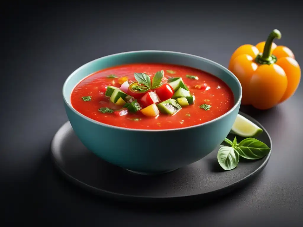 Un cuenco vibrante de gazpacho vegano fácil y refrescante, con ingredientes frescos y coloridos, sobre fondo blanco minimalista