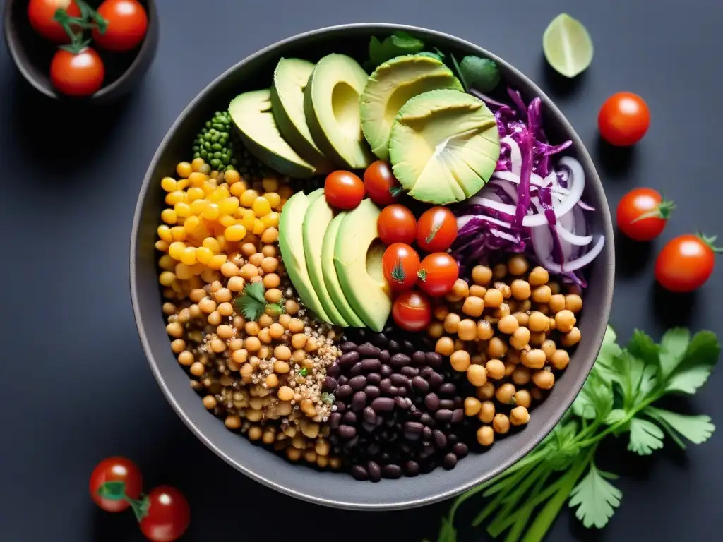 Buddha bowl vegano: explosión de color y sabor Un cuenco vibrante de legumbres y vegetales frescos