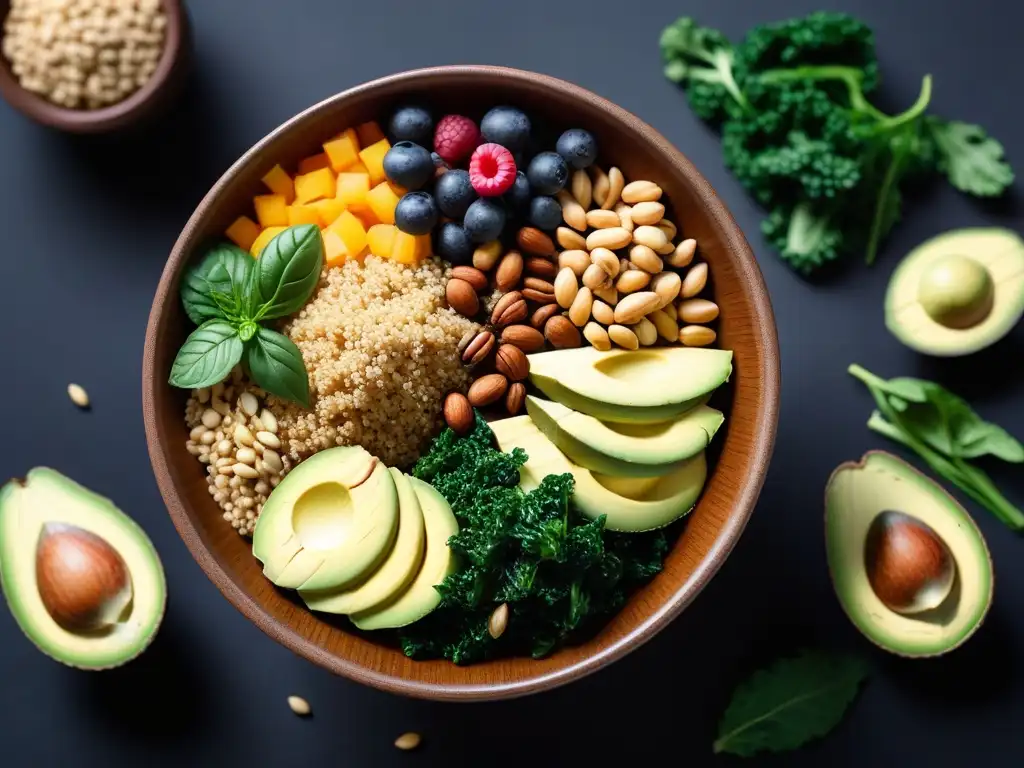 Un cuenco vibrante con soluciones veganas para fatiga deportiva: quinoa, kale, aguacate, frutos secos, semillas y bayas frescas