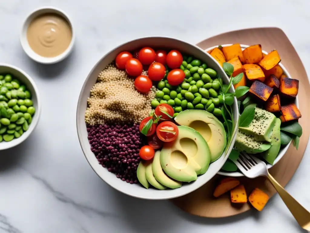 Un cuenco vibrante de superalimentos veganos para salud, lleno de colores y texturas, sobre una encimera de mármol