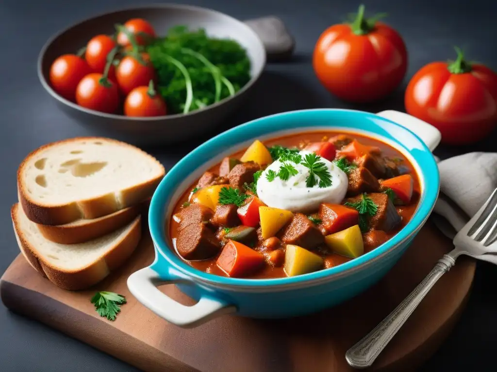 Un cuenco vibrante de goulash vegano húngaro, con verduras coloridas, caldo de tomate, crema agria y perejil, sobre una mesa minimalista