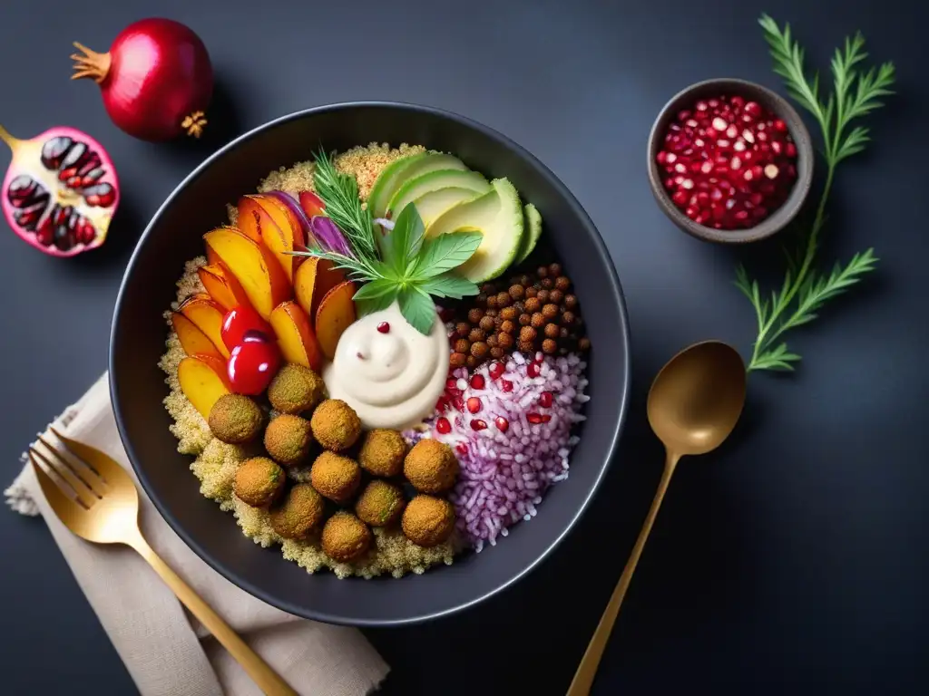 Un cuenco vibrante con koshari vegano fácil: quinoa, falafel, lentejas, verduras y tahini, decorado con hierbas y granada