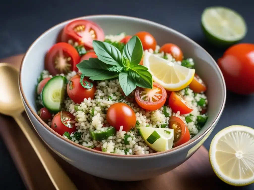 Un cuenco vibrante de tabulé vegano saludable con ingredientes frescos y coloridos